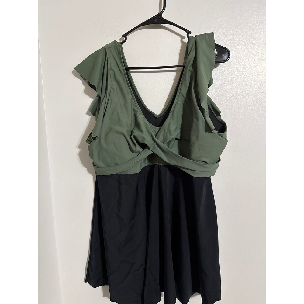 Unbranded Olive Green & Black Twist Front Ruffle Swim Dress One Piece 4XL